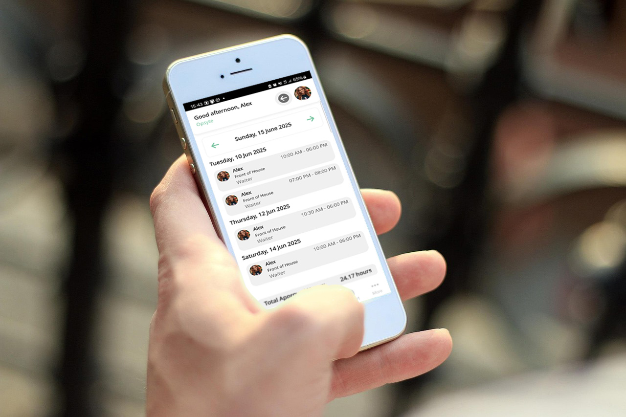 Mobile phone screen showing staff shift reminders via Opsyte app